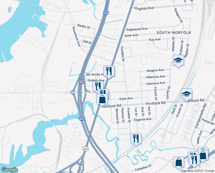 map of restaurants, bars, coffee shops, grocery stores, and more near 3815 Bainbridge Boulevard in Chesapeake