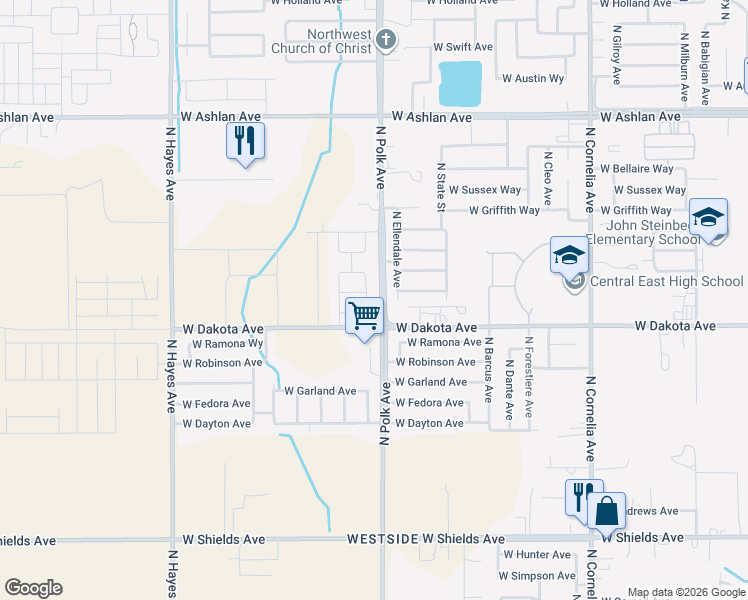 map of restaurants, bars, coffee shops, grocery stores, and more near 3555 North Ellendale Avenue in Fresno