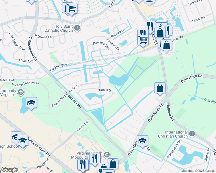 map of restaurants, bars, coffee shops, grocery stores, and more near 1608 Dartmoor Court in Virginia Beach