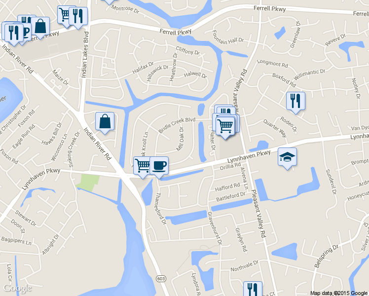map of restaurants, bars, coffee shops, grocery stores, and more near 1626 Mill Oak Drive in Virginia Beach