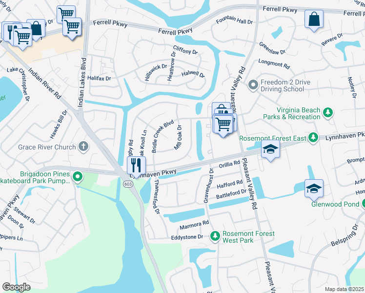 map of restaurants, bars, coffee shops, grocery stores, and more near 1626 Mill Oak Drive in Virginia Beach
