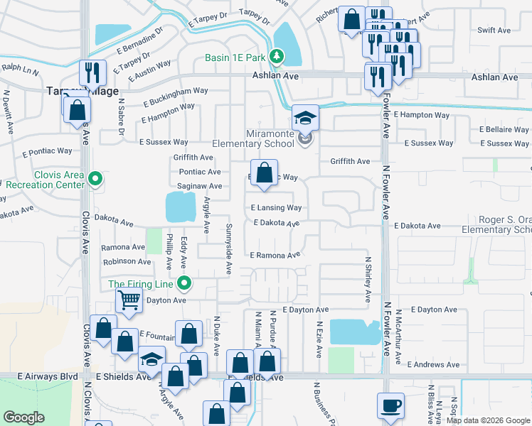 map of restaurants, bars, coffee shops, grocery stores, and more near 5836 East Lansing Way in Fresno