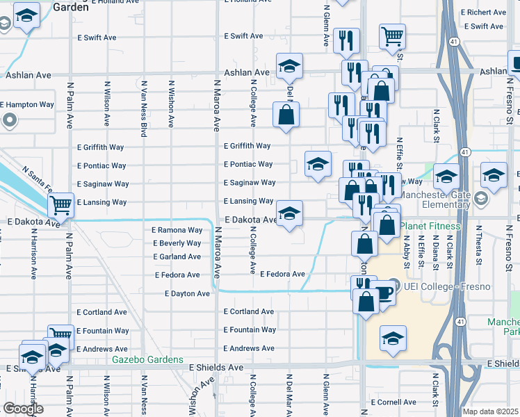 map of restaurants, bars, coffee shops, grocery stores, and more near 1048 East Lansing Way in Fresno