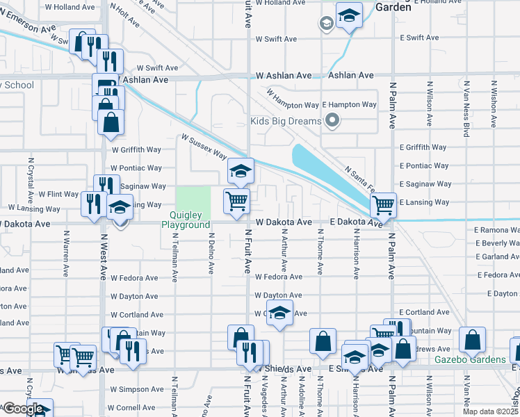 map of restaurants, bars, coffee shops, grocery stores, and more near 3840 North Fruit Avenue in Fresno