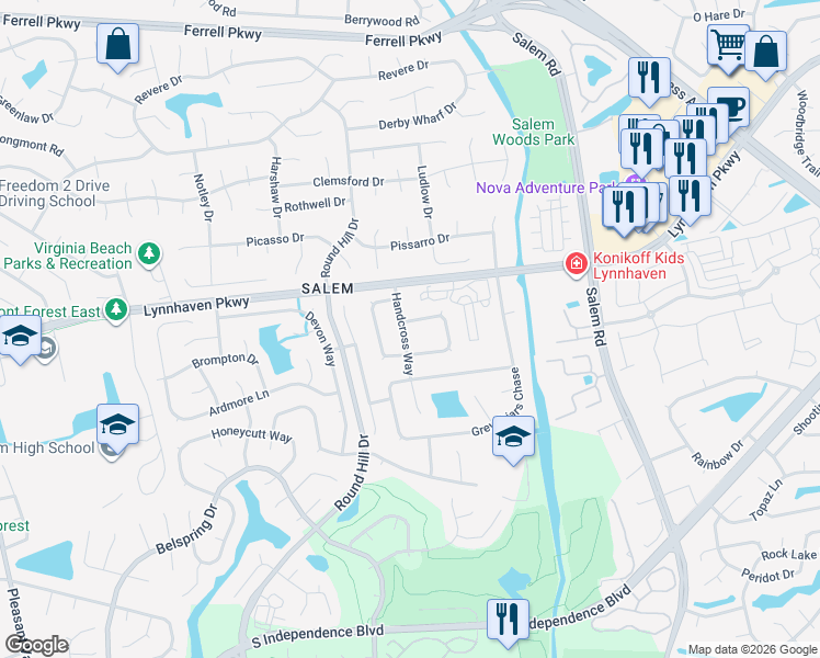 map of restaurants, bars, coffee shops, grocery stores, and more near 1613 Handcross Way in Virginia Beach