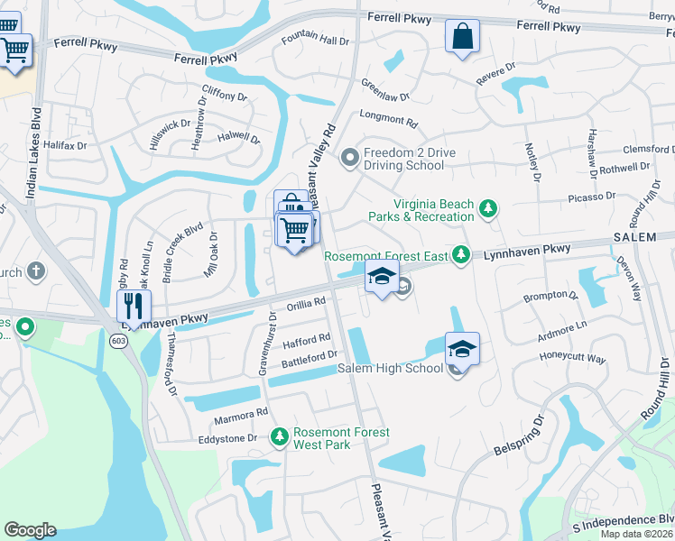 map of restaurants, bars, coffee shops, grocery stores, and more near 1642 High Plains Drive in Virginia Beach