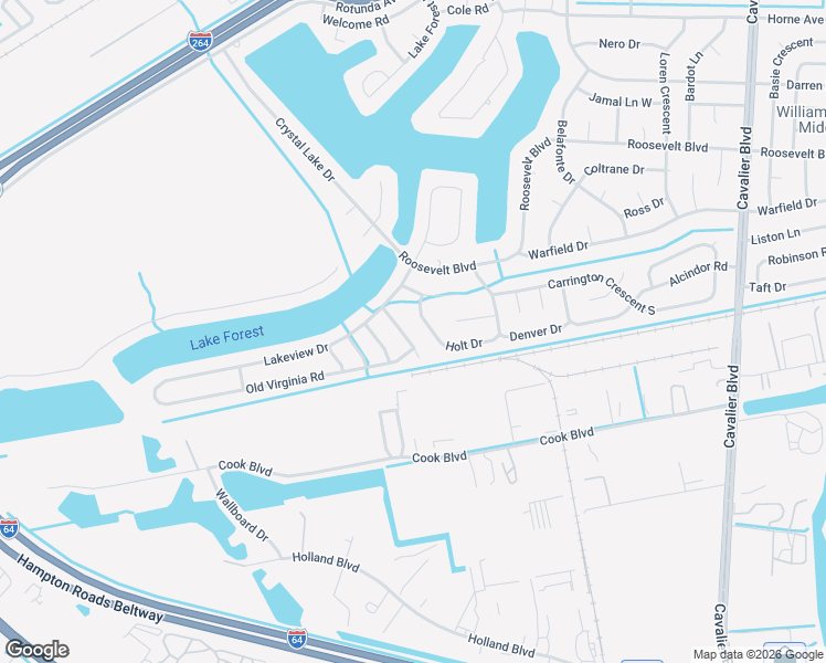 map of restaurants, bars, coffee shops, grocery stores, and more near 1225 Lakeview Court in Chesapeake