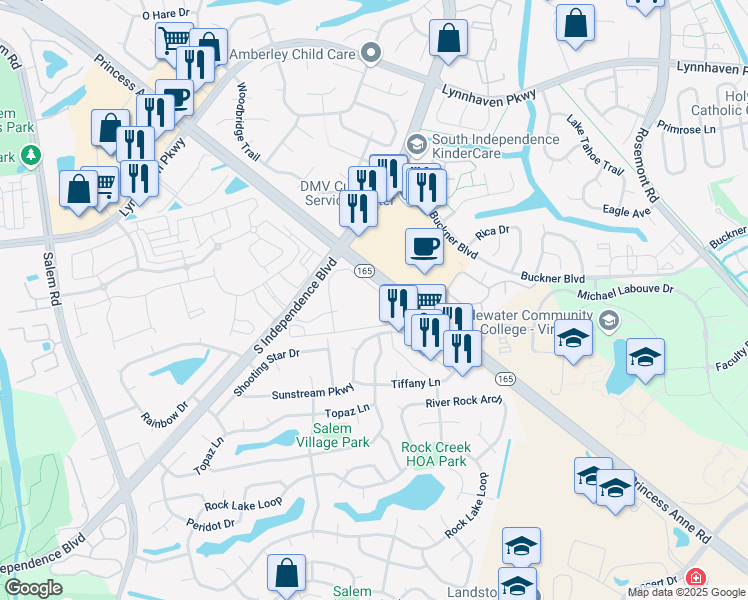 map of restaurants, bars, coffee shops, grocery stores, and more near 1645 Spence Gate Circle in Virginia Beach