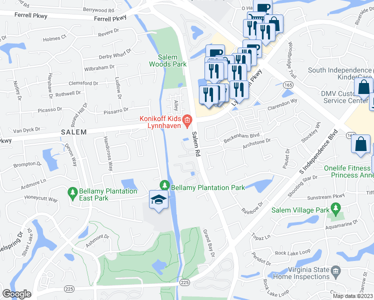 map of restaurants, bars, coffee shops, grocery stores, and more near Buttonbush Way in Virginia Beach