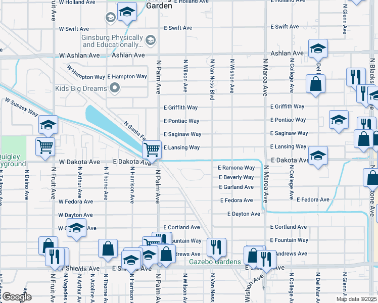 map of restaurants, bars, coffee shops, grocery stores, and more near 3835 North Wilson Avenue in Fresno