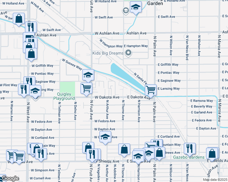 map of restaurants, bars, coffee shops, grocery stores, and more near 208 West Dakota Avenue in Fresno