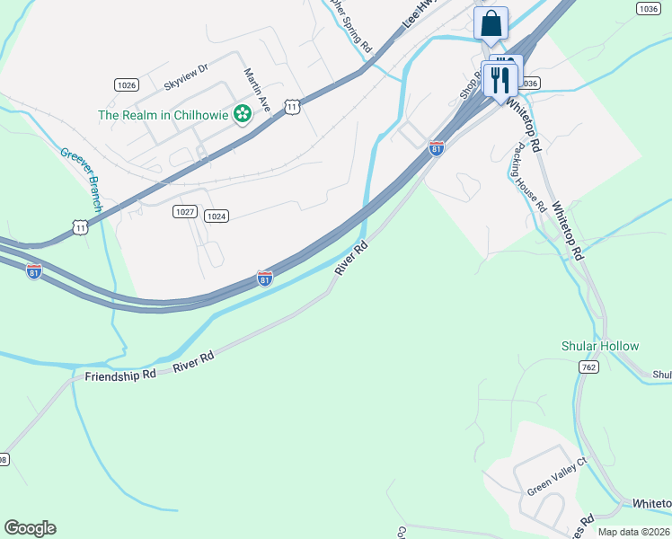map of restaurants, bars, coffee shops, grocery stores, and more near 305-567 River Road in Chilhowie
