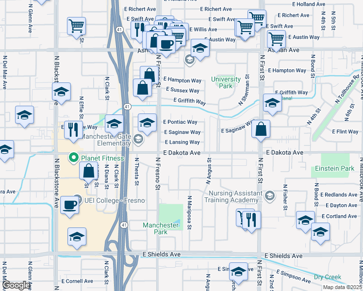map of restaurants, bars, coffee shops, grocery stores, and more near 2642 East Lansing Way in Fresno