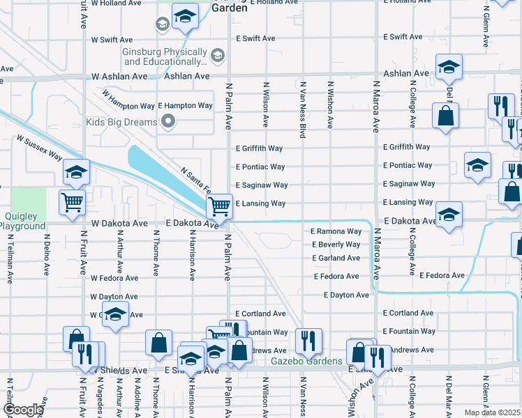 map of restaurants, bars, coffee shops, grocery stores, and more near 3835 North Wilson Avenue in Fresno