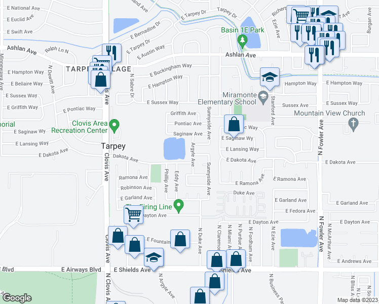 map of restaurants, bars, coffee shops, grocery stores, and more near 3570 Argyle Avenue in Clovis