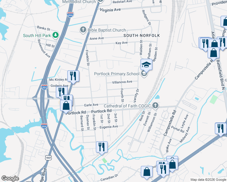 map of restaurants, bars, coffee shops, grocery stores, and more near 437 Clemson Avenue in Chesapeake