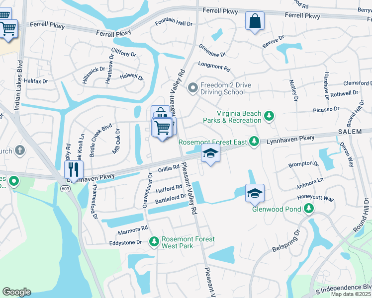 map of restaurants, bars, coffee shops, grocery stores, and more near 1647 High Plains Drive in Virginia Beach