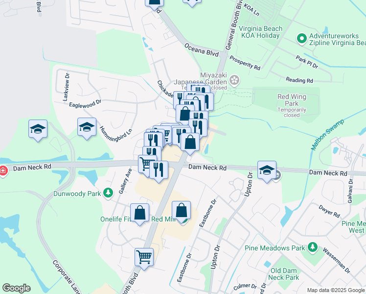 map of restaurants, bars, coffee shops, grocery stores, and more near 1545 General Booth Boulevard in Virginia Beach