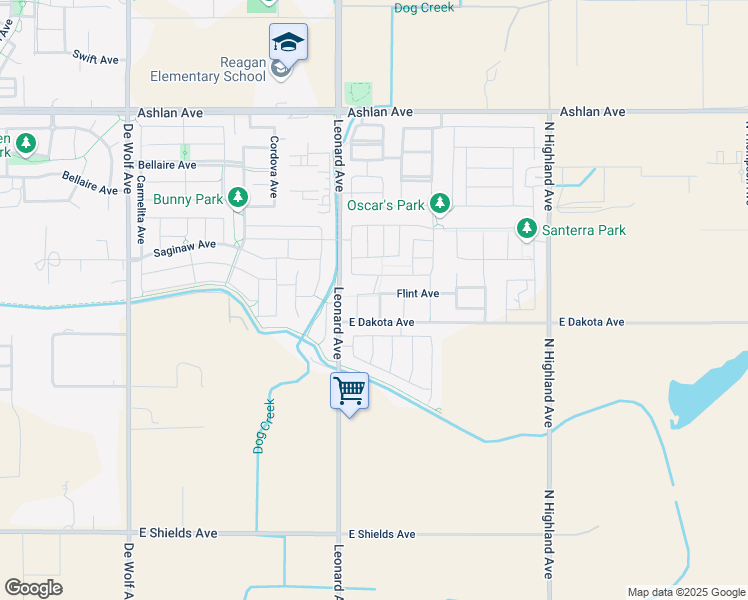 map of restaurants, bars, coffee shops, grocery stores, and more near 3566 Descanso Avenue in Clovis