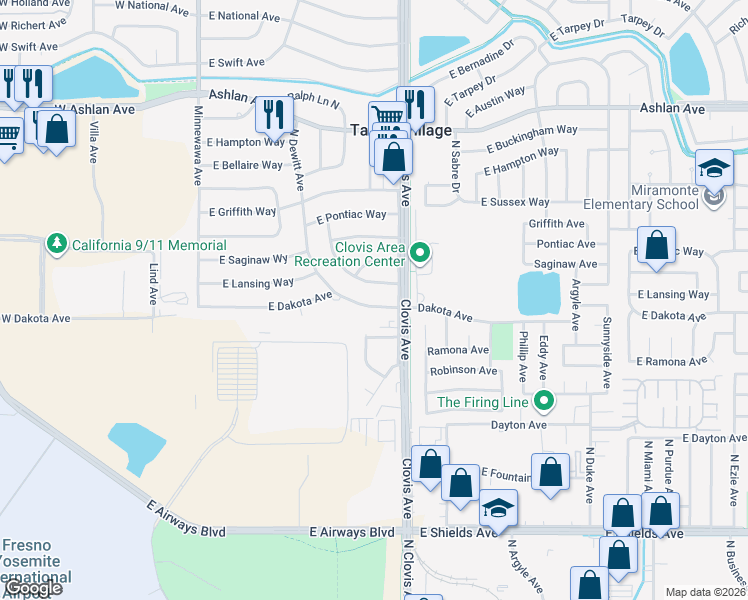 map of restaurants, bars, coffee shops, grocery stores, and more near 5575 East Dakota Avenue in Fresno