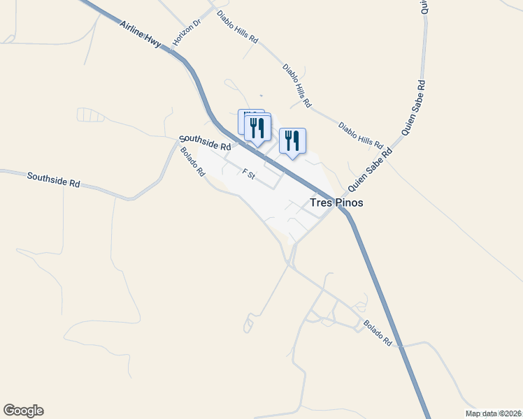 map of restaurants, bars, coffee shops, grocery stores, and more near 381 Bolado Road in Tres Pinos