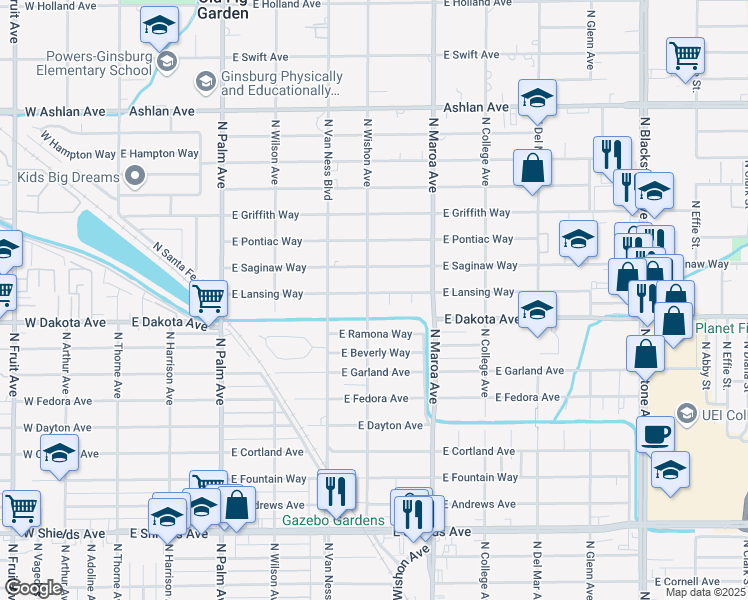map of restaurants, bars, coffee shops, grocery stores, and more near 708 East Lansing Way in Fresno