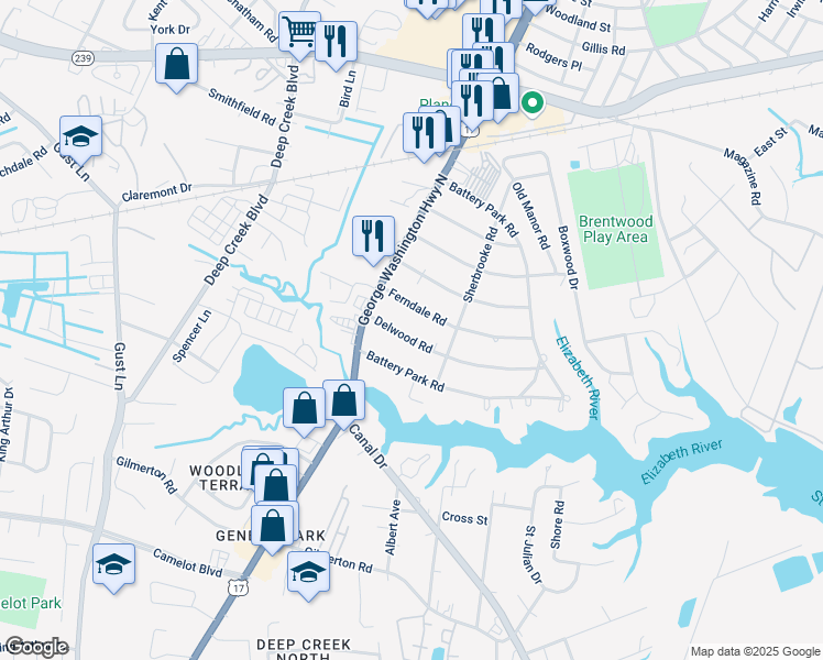 map of restaurants, bars, coffee shops, grocery stores, and more near 2320 Delwood Road in Chesapeake