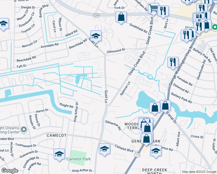 map of restaurants, bars, coffee shops, grocery stores, and more near 2725 Thomas Street in Chesapeake