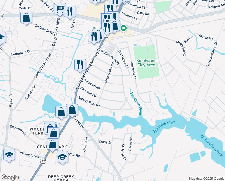 map of restaurants, bars, coffee shops, grocery stores, and more near 2220 Ferndale Road in Chesapeake