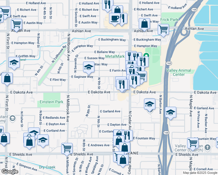 map of restaurants, bars, coffee shops, grocery stores, and more near 3847 North 10th Street in Fresno