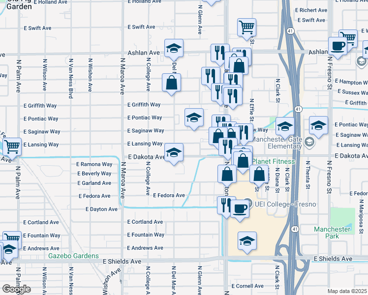 map of restaurants, bars, coffee shops, grocery stores, and more near 1328 East Lansing Way in Fresno