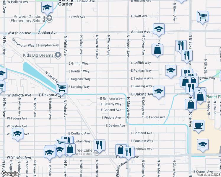 map of restaurants, bars, coffee shops, grocery stores, and more near 708 East Lansing Way in Fresno