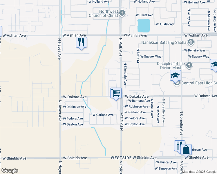 map of restaurants, bars, coffee shops, grocery stores, and more near 5558 West Flint Way in Fresno