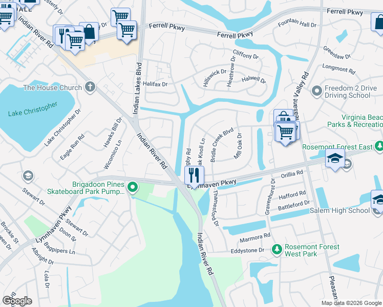 map of restaurants, bars, coffee shops, grocery stores, and more near 4977 Rugby Road in Virginia Beach