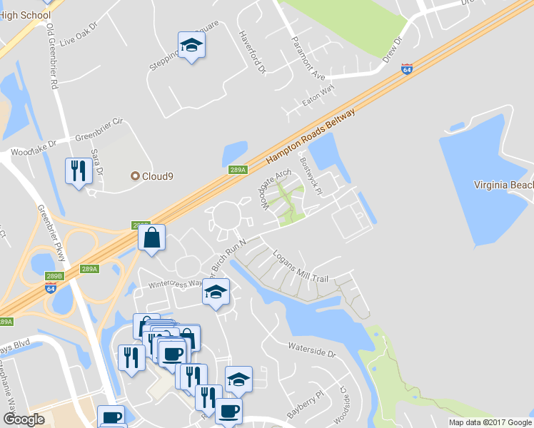 map of restaurants, bars, coffee shops, grocery stores, and more near 1803 Beckwood Common in Chesapeake