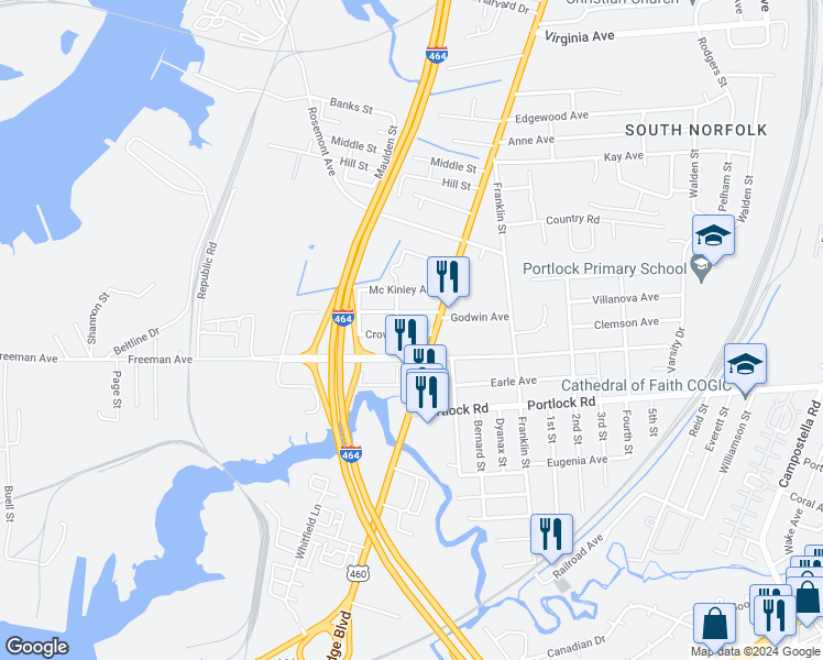 map of restaurants, bars, coffee shops, grocery stores, and more near 1005 Crowell Avenue in Chesapeake