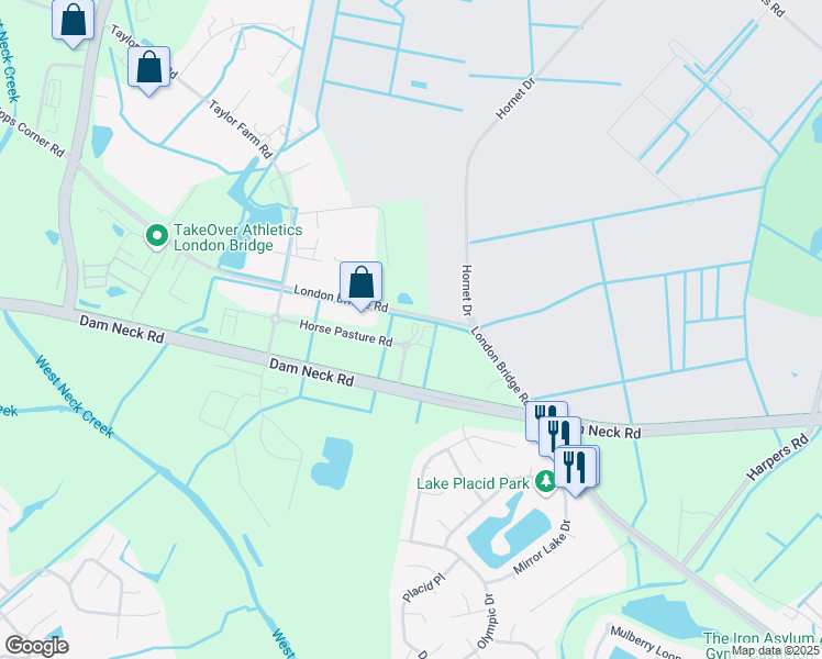 map of restaurants, bars, coffee shops, grocery stores, and more near 2536 Horse Pasture Road in Virginia Beach