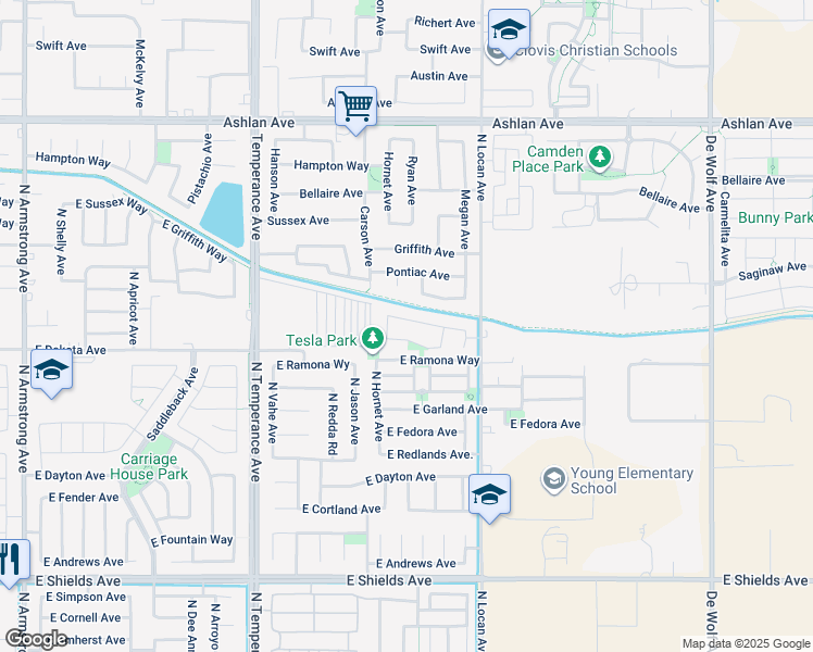 map of restaurants, bars, coffee shops, grocery stores, and more near 7393 East Flint Way in Fresno