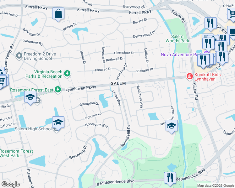 map of restaurants, bars, coffee shops, grocery stores, and more near 1636 Devon Way in Virginia Beach