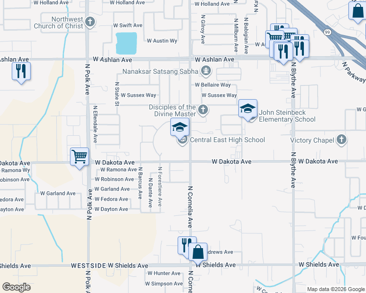 map of restaurants, bars, coffee shops, grocery stores, and more near 3535 North Cornelia Avenue in Fresno