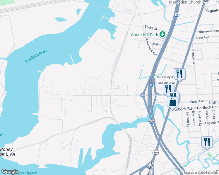 map of restaurants, bars, coffee shops, grocery stores, and more near 3908 Harris Street in Chesapeake