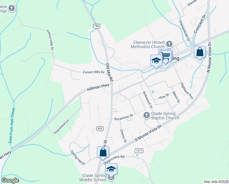map of restaurants, bars, coffee shops, grocery stores, and more near 514 West Glade Street in Glade Spring
