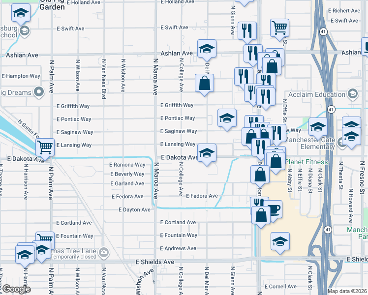 map of restaurants, bars, coffee shops, grocery stores, and more near 1048 East Lansing Way in Fresno