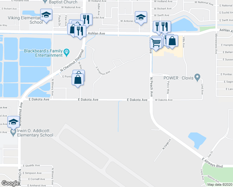 map of restaurants, bars, coffee shops, grocery stores, and more near 5105 East Dakota Avenue in Fresno