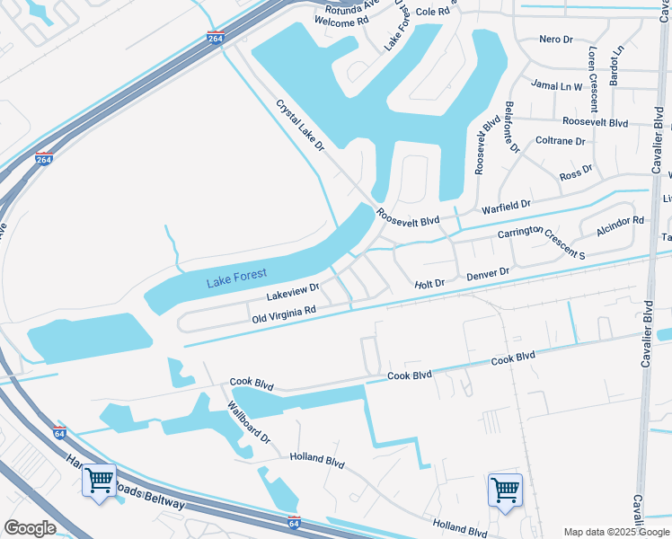map of restaurants, bars, coffee shops, grocery stores, and more near 3924 Lakeview Drive in Chesapeake