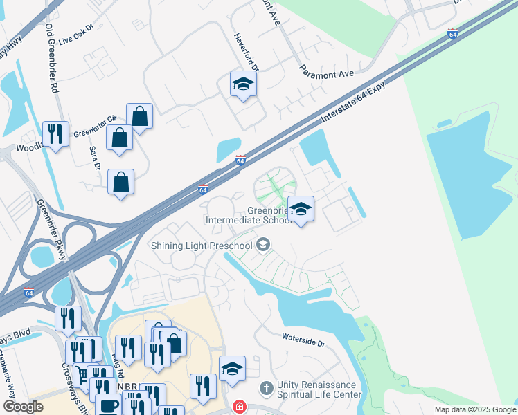 map of restaurants, bars, coffee shops, grocery stores, and more near 1820 Woodgate Arch in Chesapeake