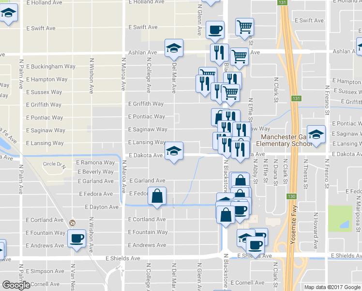 map of restaurants, bars, coffee shops, grocery stores, and more near 1328 East Lansing Way in Fresno