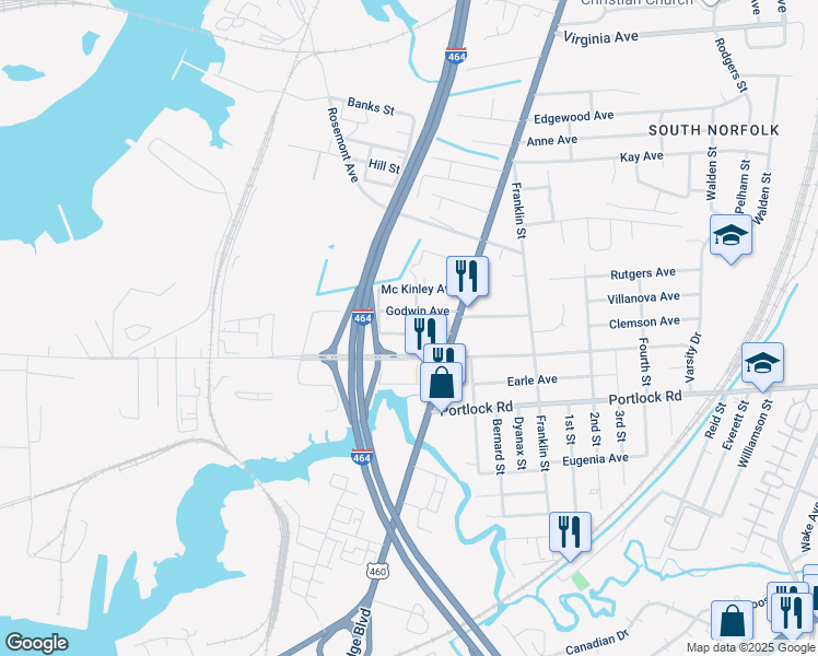 map of restaurants, bars, coffee shops, grocery stores, and more near 1005 Crowell Avenue in Chesapeake
