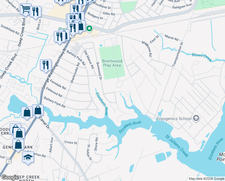map of restaurants, bars, coffee shops, grocery stores, and more near 2040 Cherry Lane in Chesapeake