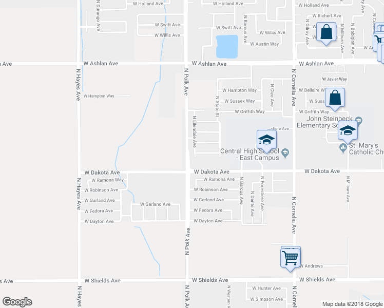 map of restaurants, bars, coffee shops, grocery stores, and more near 3555 North Ellendale Avenue in Fresno